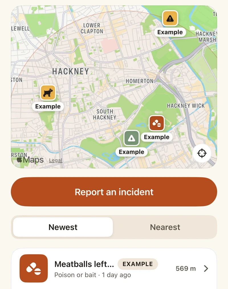 Incidents in the app: example reports pinned on a map, a Report an incident button and the newest report.